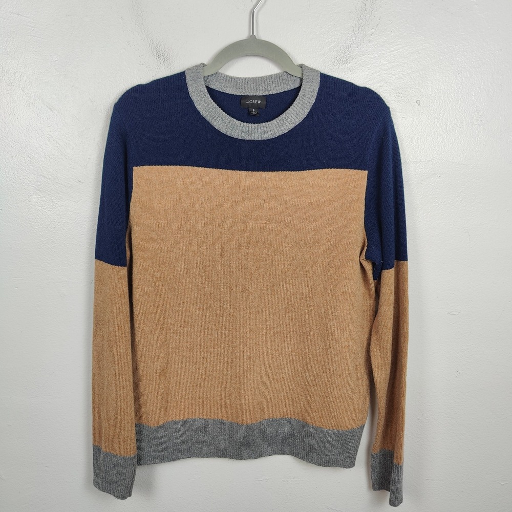 J Crew Sweater Mens Small Colorblock Merino Wool Blend Sweater Navy Tan Grey - Picture 2 of 12